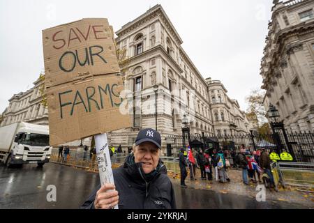 Londra, Regno Unito. 19 novembre 2024. Membri della comunità agricola di Westminster in occasione di una protesta contro i piani fiscali di successione del governo che potrebbero avere un impatto significativo sulle aziende agricole a conduzione familiare. Nel bilancio autunnale, presentato da Rachel Reeves, Cancelliere dello Scacchiere, Agricultural Property Relief (APR) sarà limitato, riducendo così lo sgravio fiscale sui terreni ereditati. I manifestanti affermano che sarà sempre più difficile far passare le aziende agricole attraverso le generazioni a causa dei costi fiscali aggiuntivi. Crediti: Stephen Chung / Alamy Live News Foto Stock