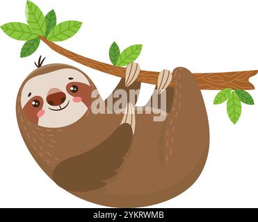 L'adorabile bradipo dei cartoni animati è appeso a testa in giù da un ramo di albero nella foresta pluviale, sorridendo felicemente tra foglie verdi e rami marroni. Perfetto per Illustrazione Vettoriale