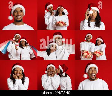Coppia felice che festeggia le vacanze insieme nei cappelli di Babbo Natale in casa Foto Stock