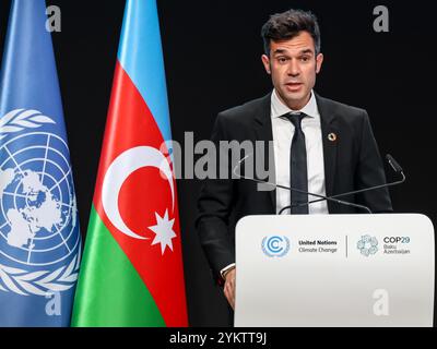 Baku, Azerbaigian. 19 novembre 2024. David Forne Massoni, Segretario di Stato per la transizione energetica, i trasporti e la mobilità di Andorra, rilascia una dichiarazione nazionale durante la ripresa del segmento di alto livello nella sala plenaria di Nizami nella zona blu durante la conferenza delle Nazioni Unite sui cambiamenti climatici COP29, un evento tenuto dall'UNFCCC allo stadio olimpico di Baku. COP29, Running si concentra sulla ricerca di energia pulita per la compensazione del carbonio (foto di Dominika Zarzycka/SOPA Images/Sipa USA) Credit: SIPA USA/Alamy Live News Foto Stock