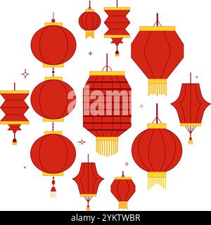 Set di lanterne rosse per celebrare il Capodanno lunare cinese. Decorazioni tradizionali asiatiche con composizione circolare e lanterne, set di logo vettoriali Illustrazione Vettoriale