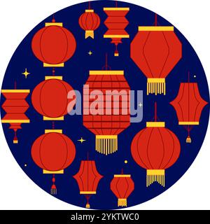 Lanterne di carta rossa asiatica orientale isolate su sfondo scuro in composizione circolare. Perfetto per qualsiasi vacanza in stile asiatico. Grafica vettoriale Illustrazione Vettoriale