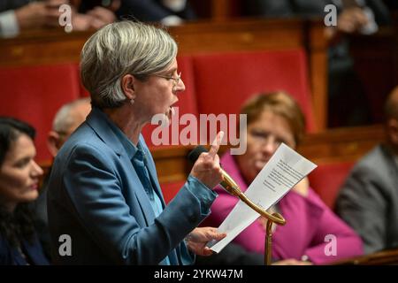 Parigi, Francia. 19 novembre 2024. Il deputato francese del gruppo "Ecologiste et Social" Sandrine Rousseau interviene durante una sessione di interrogazioni rivolte al governo all'Assemblea nazionale di Parigi il 19 novembre 2024. Foto di Firas Abdullah/ABACAPRESS. COM credito: Abaca Press/Alamy Live News Foto Stock