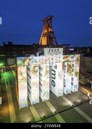Installazione d'arte temporanea Global Gate presso il sito patrimonio dell'umanità dell'UNESCO Zeche Zollverein, interpretazione del Brandenburg Tor Tor realizzata in 37 freigh Foto Stock