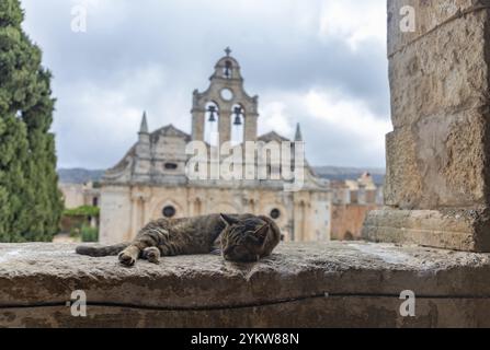 Una foto di un gatto che dorme di fronte al monastero di Arkadi Foto Stock