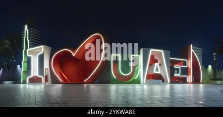 Una foto del cartello i Love UAE di notte Foto Stock