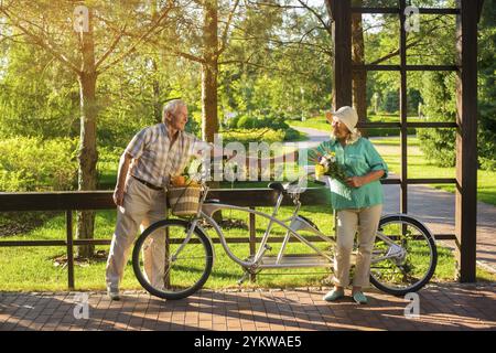 Persone anziane vicino alla bici tandem. Coppia sorridente e tenuta per mano. Congratularsi con la moglie per l'anniversario. Vacanza per due Foto Stock