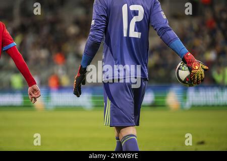 WROCLAW, POLONIA - 14 OTTOBRE 2024: Partita della UEFA Nations League Ucraina - Cechia. Portiere con la palla. Foto Stock