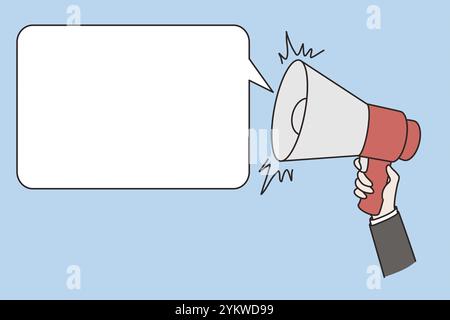 Comunicazione, annuncio e pubblicità pubblica concetto. Altoparlante megaphone di tenuta della mano umana con lo spazio di copia mockup bianco bolla di voce vettore i Foto Stock