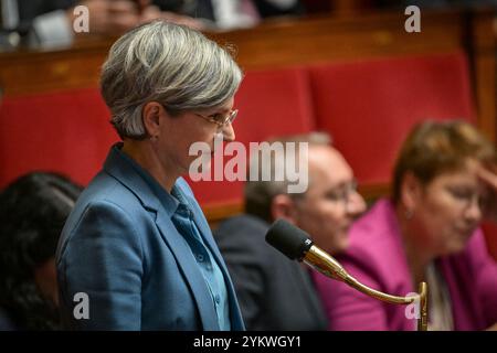 Parigi, Francia. 19 novembre 2024. Il deputato francese del gruppo "Ecologiste et Social" Sandrine Rousseau interviene durante una sessione di interrogazioni rivolte al governo all'Assemblea nazionale di Parigi il 19 novembre 2024. Foto di Firas Abdullah/ABACAPRESS. COM credito: Abaca Press/Alamy Live News Foto Stock