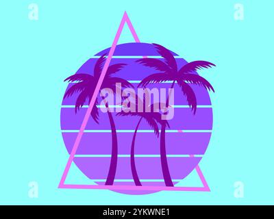 Palme al tramonto, sole retrò in stile anni '80. Silhouette retrò futuristiche di palme contro il sole in una cornice triangolare. Stile Synthwave. Design Illustrazione Vettoriale