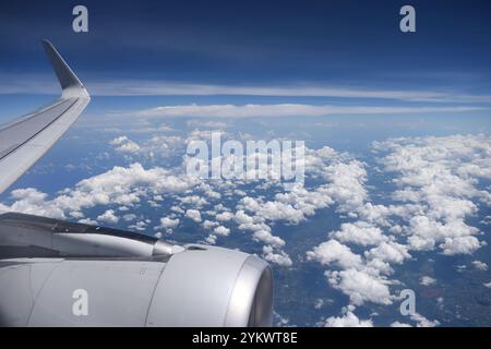 Boeing 737 MAX, vista del motore del jet, dell'ala e dell'orizzonte terrestre, volando sopra le nuvole sopra il Sud America Foto Stock