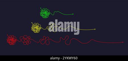 Linea complicata e facile. Gruppo vettoriale. Scarabocchi disegnati a mano. Punto grafico iniziale e freccia Illustrazione Vettoriale