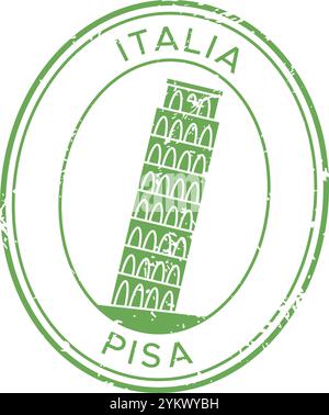 Timbro verde rotondo che simula un effetto consumato con la torre pendente di pisa e le parole italia e pisa scritte all'interno, isolate su un bianco Illustrazione Vettoriale