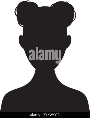 Elegante silhouette nera di una persona con un'acconciatura alla moda a doppio panino su sfondo bianco, perfetta per le icone o le foto del profilo Illustrazione Vettoriale