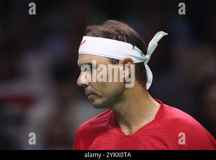 Malaga, Regno Unito. 19 novembre 2024. Rafael Nadal, di Spagna, reagisce ai quarti di finale di Coppa Davis 2024 contro Botic Van De Zandschulp, di Paesi Bassi, al Palacio de Deportes Jose Maria Martin Carpena Arena di Malaga. Crediti: Isabel Infantes/Alamy Live News Foto Stock