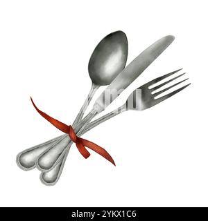 Coltello, cucchiaio e forchetta legati con nastro rosso satinato. Illustrazione digitale acquerello. Forchetta da dessert, coltello e cucchiaino, posate, isolate su fondo bianco Foto Stock