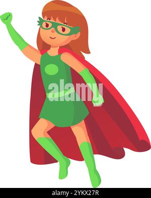 Illustrazione di un cartone animato di una determinata ragazza supereroina che vola con il pugno alzato, indossa un costume verde, mantello rosso, maschera e guanti, incarnando Illustrazione Vettoriale