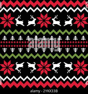 Motivo del pullover natalizio con sfondo Pixel Art senza cuciture. Righe di renne, fiocchi di neve, stelle, bacche di agrifoglio e alberi su un nero in stile natalizio Illustrazione Vettoriale
