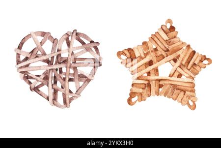 Giocattoli di Natale. Wicker Star e cuore in rattan. Decorazioni in legno fatte in casa. Illustrazione acquerello isolata su sfondo bianco. Design Foto Stock