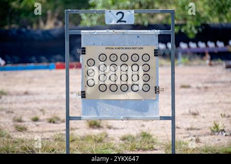 Obiettivo di tiro del fucile, 50m di panchina di riposo sport tiro sportivo, punteggio di precisione della pistola, competizione bullseye Australia Foto Stock