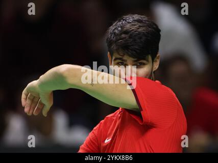 Malaga, Regno Unito. 19 novembre 2024. Carlos Alcaraz, in azione durante i quarti di finale di Coppa Davis 2024 contro Tallon Griekspoor, olandese, al Palacio de Deportes Jose Maria Martin Carpena Arena di Malaga. Crediti: Isabel Infantes/Alamy Live News Foto Stock