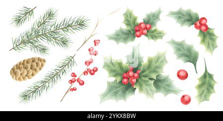 Piante di agrifoglio natalizio, rami di abete rosso e illustrazione ad acquerello a cono isolata su bianco. Set disegnato a mano di bacche rosse, foglie verdi e ramoscelli per l'invito di Capodanno, confezioni e design natalizi. Foto Stock