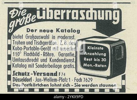 1961 Schulz-Versand Dusseldorf Catalogo dispositivi elettronici che mostra lo spot tv portatile Kuba Foto Stock