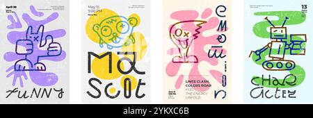 Set poster in grassetto astratto. Divertenti personaggi lineari e scritte creative contemporanee su vivaci forme organiche e ingenue. Tipografia minimalista retrò su schemi di colori moderni. Poster grafici dell'evento. EPS Illustrazione Vettoriale