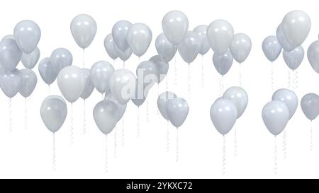 Palloncini da festa in bianco argento volanti isolati su sfondo bianco. Illustrazione 3D. Foto Stock