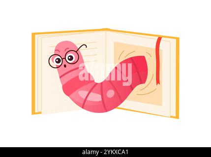 Un'illustrazione stravagante di un verme cartoni animati con occhiali che escono da un libro, celebrando la gioia della lettura Illustrazione Vettoriale