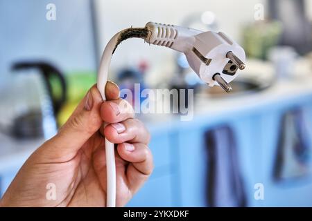 Il cavo di prolunga si è fuso e bruciato a causa del sovraccarico e potrebbe causare incendi. Foto Stock