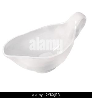 Sauceboat bianco porcellana, vetreria. Illustrazione digitale acquerello. Elegante utensile da cucina per servire salse, isolato su sfondo bianco. Per t Foto Stock