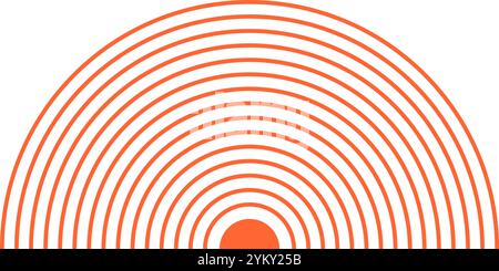 Semicerchi concentrici arancioni. Icona del sole, dell'alba o del tramonto. Segno di localizzazione del dolore. Simbolo onda d'urto, radiazione o vibrazione. Pittogramma suono, radar o onda sonar. Illustrazione piatta vettoriale. Illustrazione Vettoriale