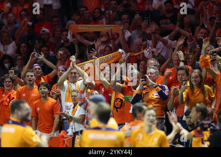 Malaga, Regno Unito. 20 novembre 2024. La squadra olandese festeggia dopo aver eliminato la Spagna durante la finale di Coppa Davis 2024, al Palacio de Deportes Jose Maria Martin Carpena Arena di Malaga. Crediti: Isabel Infantes/Alamy Live News Foto Stock