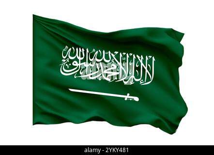 Arabia Saudita bandiera di seta con spazio di copia per il testo o le immagini e sfondo bianco - illustrazione 3D . sventolando la colorata bandiera nazionale dell'arabia saudita Foto Stock