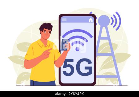 Uomo con 5G.. Giovane ragazzo vicino a un enorme smartphone e trasmettitore. Connessione wireless e Internet veloce. Persona con rete wi-fi. Vettore piatto Illustrazione Vettoriale