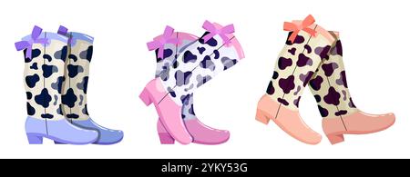 Set di stivali cowgirl Coquette. Motivo alla moda e accattivante. Calzature e spettacoli con archi rosa, blu e viola. Moda e stile. Vettore piatto Illustrazione Vettoriale