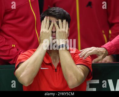 Malaga, Regno Unito. 20 novembre 2024. Carlos Alcaraz e Roberto Bautista React vengono eliminati dalla squadra olandese durante la finale di Coppa Davis 2024, al Palacio de Deportes Jose Maria Martin Carpena Arena di Malaga. Crediti: Isabel Infantes/Alamy Live News Foto Stock