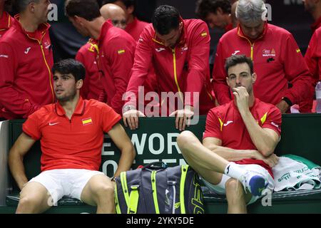 Malaga, Regno Unito. 20 novembre 2024. Carlos Alcaraz e Marcel Granollers reagiscono mentre la Spagna viene eliminata dalla squadra olandese durante la finale di Coppa Davis 2024, al Palacio de Deportes Jose Maria Martin Carpena Arena di Malaga. Crediti: Isabel Infantes/Alamy Live News Foto Stock