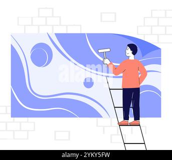 L'uomo dipinge il banner. Un ragazzo sta su scale con il rullo in mano e dipinge le pareti. Pubblicità all'aperto. Servizio di manutenzione. Vettore lineare Illustrazione Vettoriale