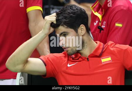 Malaga, Regno Unito. 20 novembre 2024. Carlos Alcaraz reagisce e la Spagna viene eliminata dalla squadra olandese durante la finale di Coppa Davis 2024, al Palacio de Deportes Jose Maria Martin Carpena Arena di Malaga. Crediti: Isabel Infantes/Alamy Live News Foto Stock