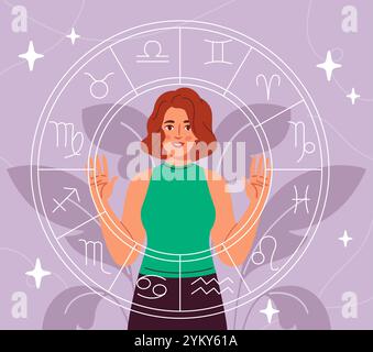 Donna con zodiaco. Giovane ragazza con segni zodiacali. Astrologia ed esoterica, misticismo. Ruota delle costellazioni. Pesci, Sagittario, Toro, Gemini e. Illustrazione Vettoriale