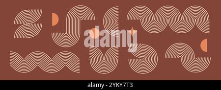 Collezione di elementi lineari boho. Design a onda marrone e ad arco. Curve e archi della metà del secolo. Pacchetto decorativo bohémien con forma ornamentale per badge, icona, poster, banner, template. Vettore Illustrazione Vettoriale