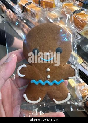 Design super adorabile e simpatico dei biscotti Gingerbread man in una confezione di plastica pronta per il consumo. Offerta per il periodo natalizio. Singapore Foto Stock