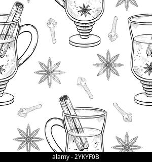 Questa illustrazione mostra gli occhiali decorativi pieni di spezie e anice stellato, su uno sfondo bianco brillante. Motivo vettoriale in bianco e nero senza cuciture disegnato a mano in line art per la stampa su carta e tessuto. Illustrazione Vettoriale