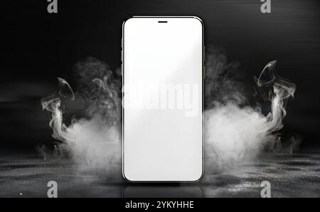 mockup smartphone . Telefono cellulare bianco bianco mockup marketing business, tecnologia su sfondo scuro drammatico effetto fumo o nebbia . Astratto Foto Stock
