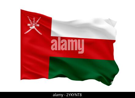 Oman Flag 3d illustrazione della bandiera nazionale sventolante con sfondo bianco isolato . Bandiera nazionale dell'Oman. Bandiera Oman isolata su sfondo bianco Foto Stock