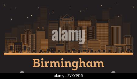 Delinea lo skyline di Birmingham, Alabama City, con edifici arancioni. Illustrazione vettoriale. Viaggi d'affari e concetto con architettura moderna. Illustrazione Vettoriale