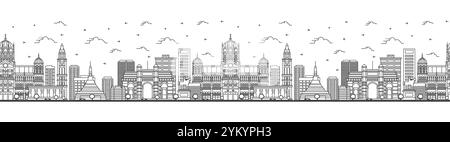 Motivo senza cuciture con contorno dello skyline della città di Mumbai India con edifici storici isolati sul bianco. Illustrazione vettoriale. Paesaggio urbano di Bombay con paesaggio Illustrazione Vettoriale